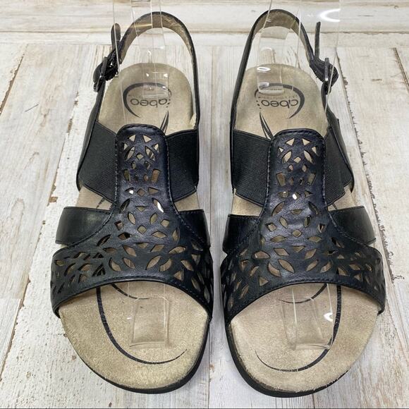 Abeo Bria Leather Sandals Women's Size 6 Black Laser Cut Back Strap - Picture 2 of 10